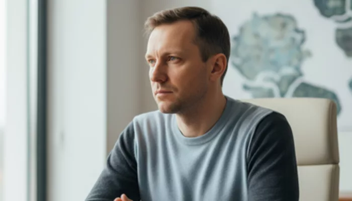 Иллюстрация к статье «Как понимать диагноз «саркоидоз легких» и имеет ли это заболевание отношение к онкологии?» — Задумчивый мужчина или женщина славянской …