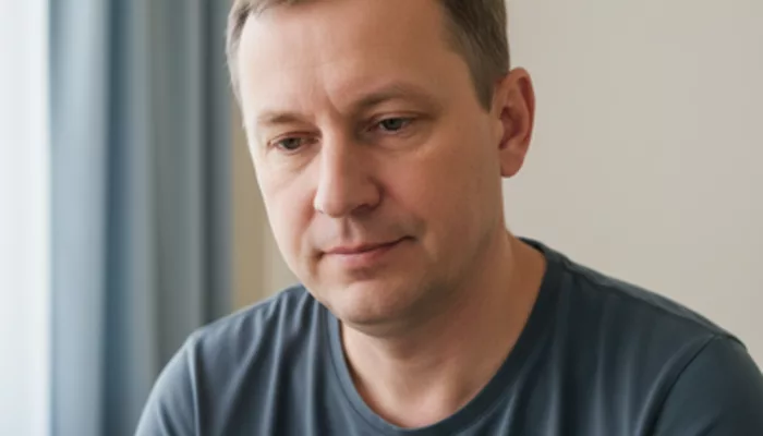 Иллюстрация к статье «Как синдром верхней полой вены проявляется отеком лица и шеи при наклонах туловища вперед?» — Человек (славянской внешности, 30-50 лет,…
