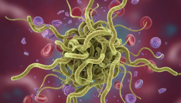 Иллюстрация к статье «Почему Helicobacter pylori может вызывать идиопатическую тромбоцитопеническую пурпуру?» — A microscopic, ultra-realistic photo depictin…