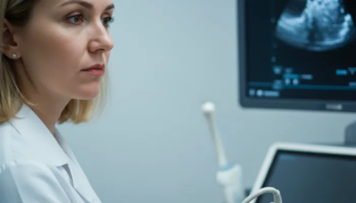 Иллюстрация к статье «Почему сердечная недостаточность с сохраненной фракцией выброса (ХСНсФВ) сложнее диагностируется по УЗИ?» — Женщина-врач (славянская вн…