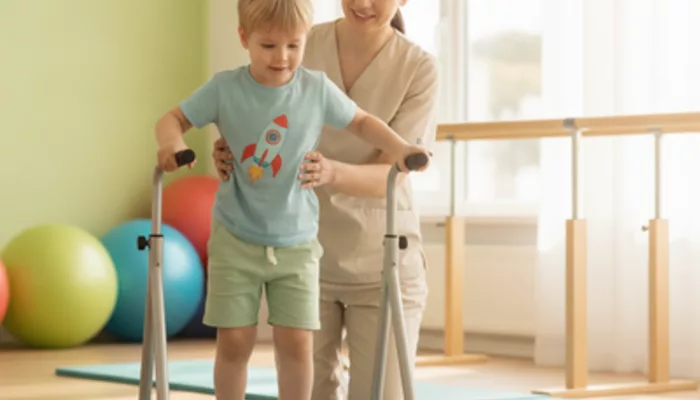 Иллюстрация к статье «Реабилитация при Spina bifida» — Ребенок (5-10 лет) со Spina bifida, активно занимающийся физической реабилитацией, возможно, с помощью…